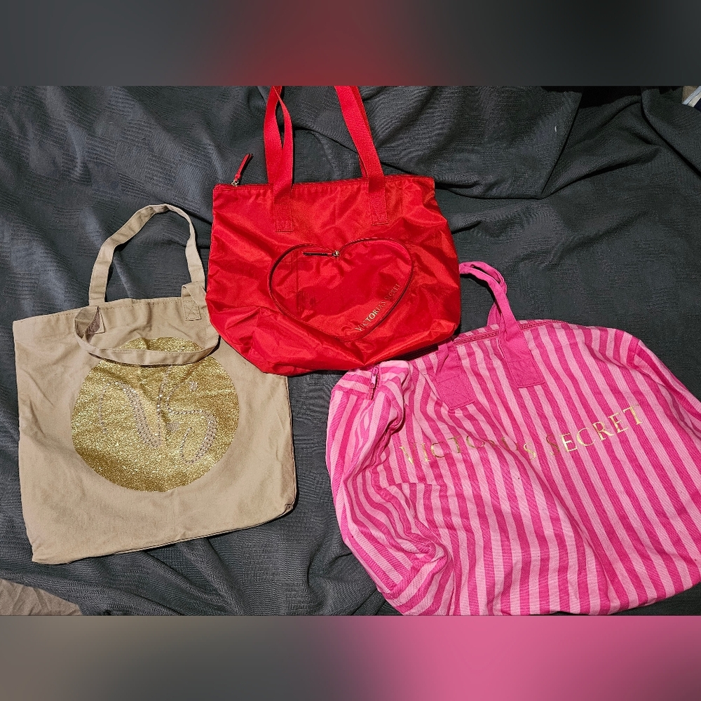 Pink Striped Tote and Red Bag Set